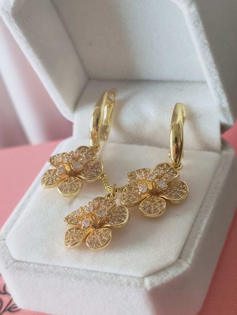 White Roses & Sherry 18K Gold Filled Micro Pave Floral Necklace & Earring Set